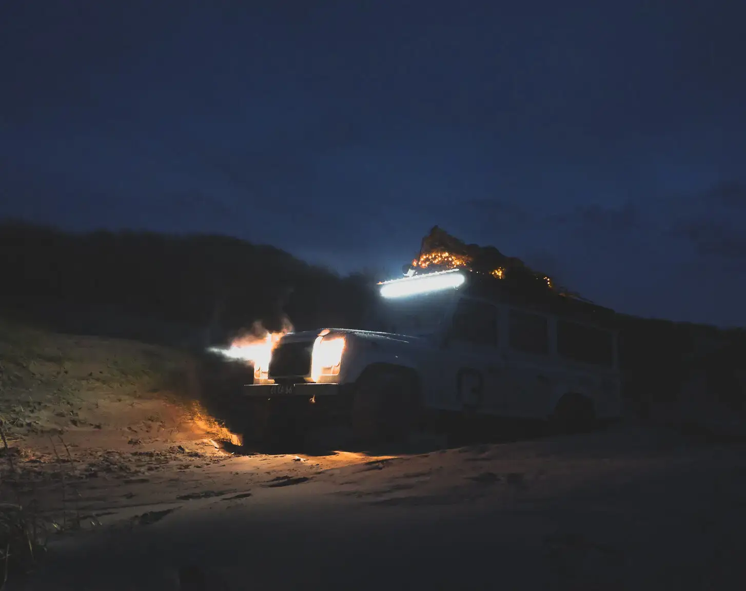 Land rover defender led bar at night brooks motors