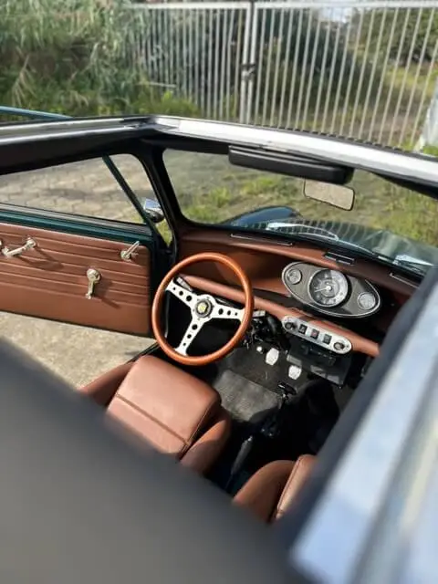 brown leather interior mini classic brooks build. with momo indy steering wheel