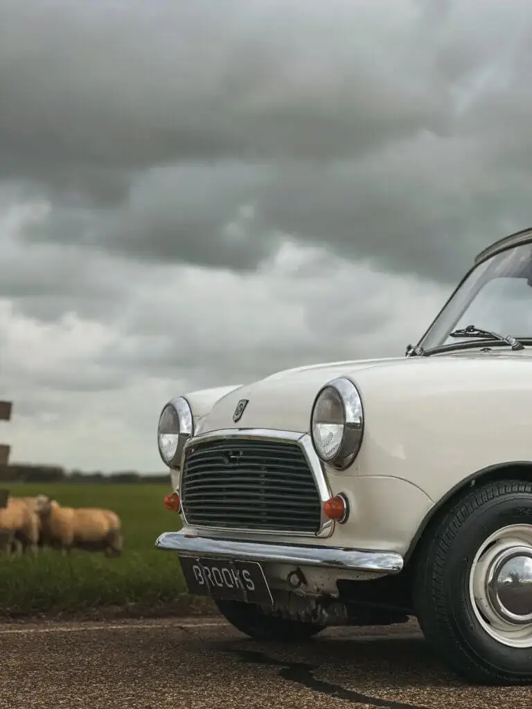 mini classic from brooks motors standing next to some sheep and dark clouds