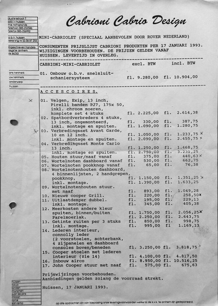 original cabrioni cabrio design price list given out on 17 january 1993