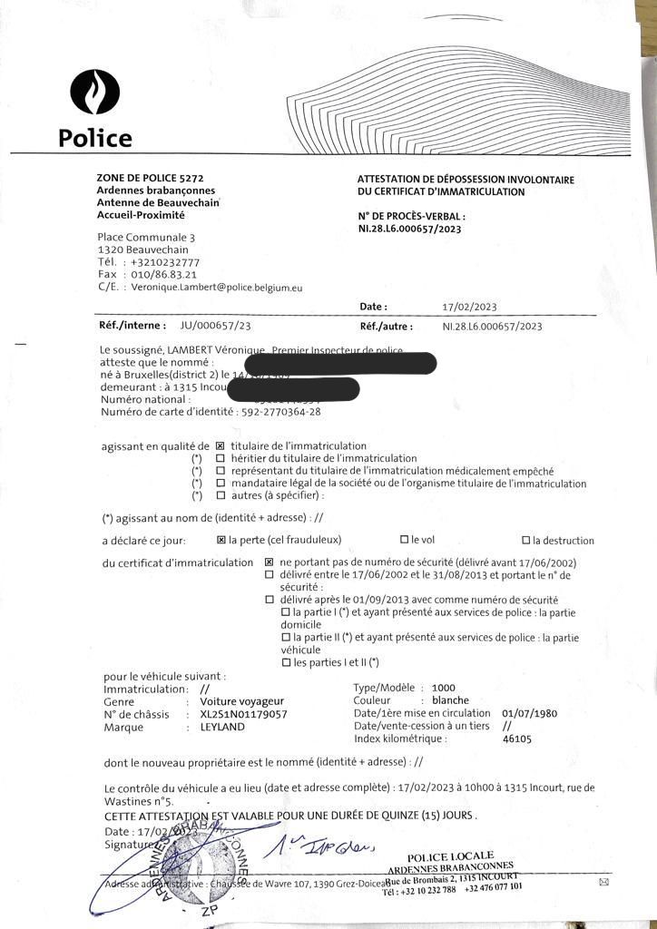 belgian police letter import car
certificat d'immatriculation