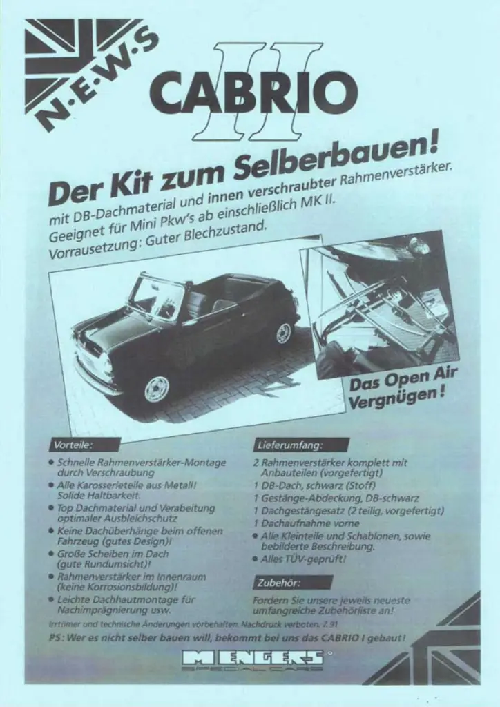 MENGERS brochure for an DIY conversion kit to a cabriolet mini classic